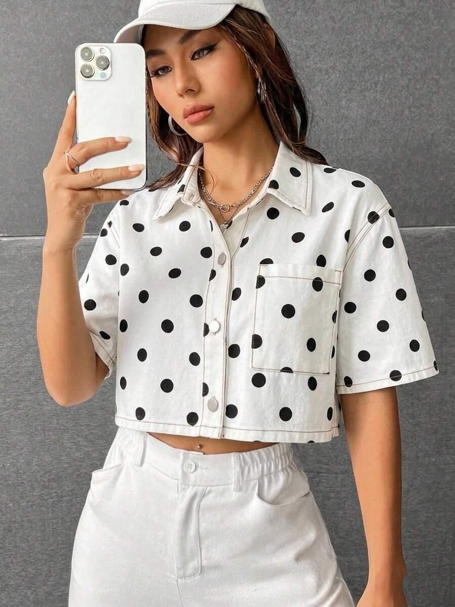 white and black polka dot cropped denim shirt
