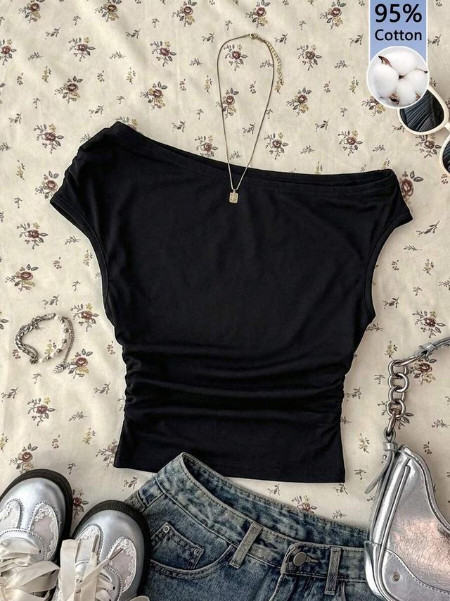 black cotton asymmetrical shoulder slim fit top