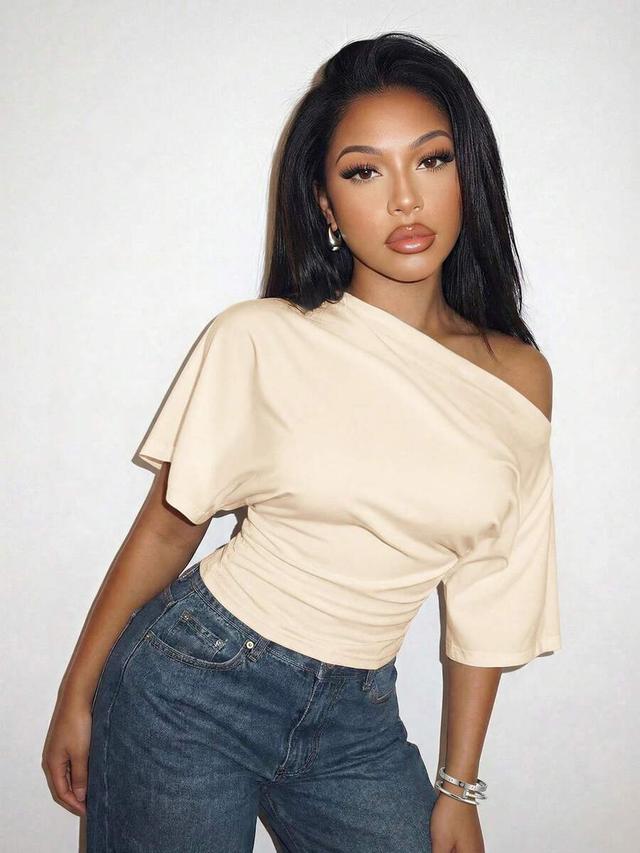 beige off-shoulder pleated waist t-shirt top