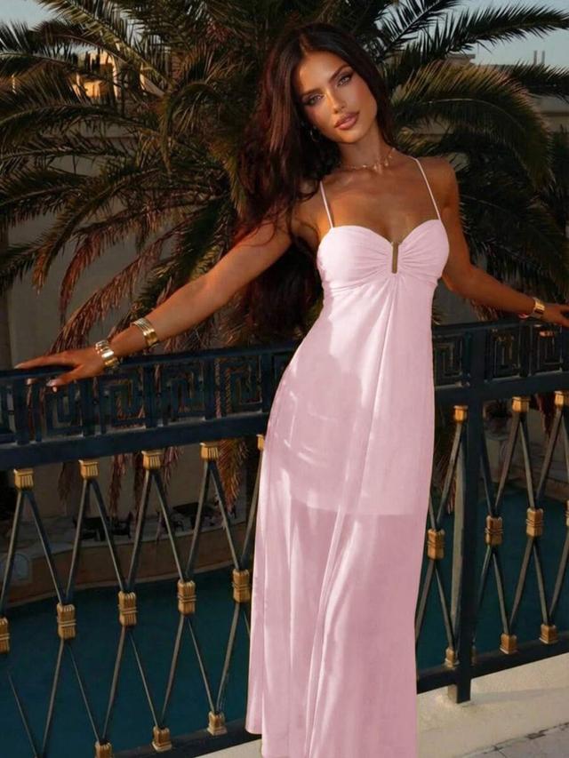 light pink spaghetti strap sweetheart neckline maxi dress