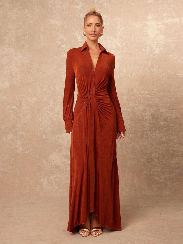 burnt orange long-sleeve v-neck ruched waist maxi dress