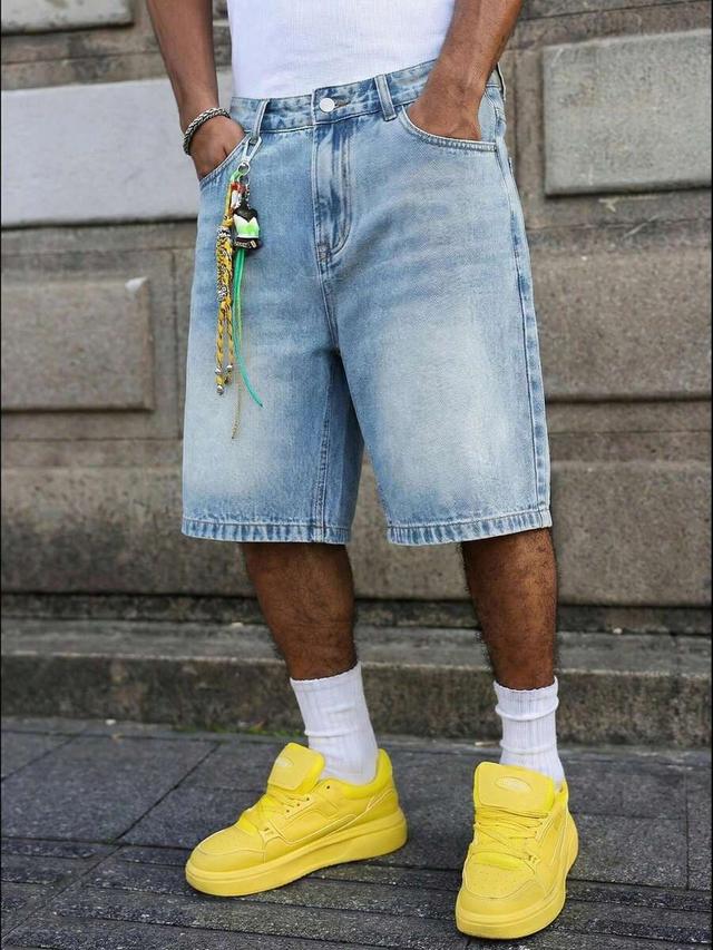 light wash cotton denim straight leg bermuda shorts