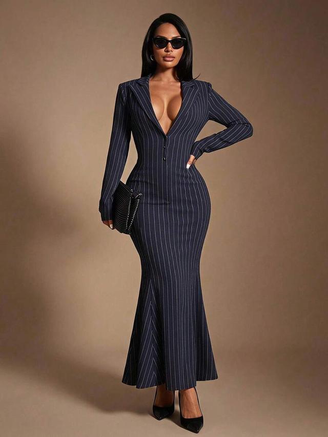 navy blue pinstriped fitted mermaid suit dress