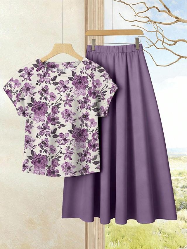 purple floral printed top and solid purple midi skirt set