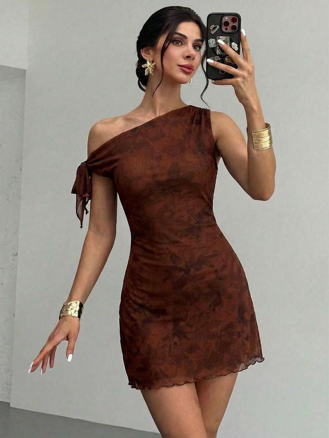 brown floral asymmetrical shoulder mesh mini dress