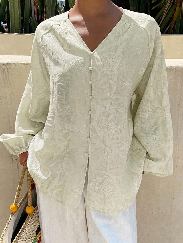 light green floral embroidered v-neck vacation blouse