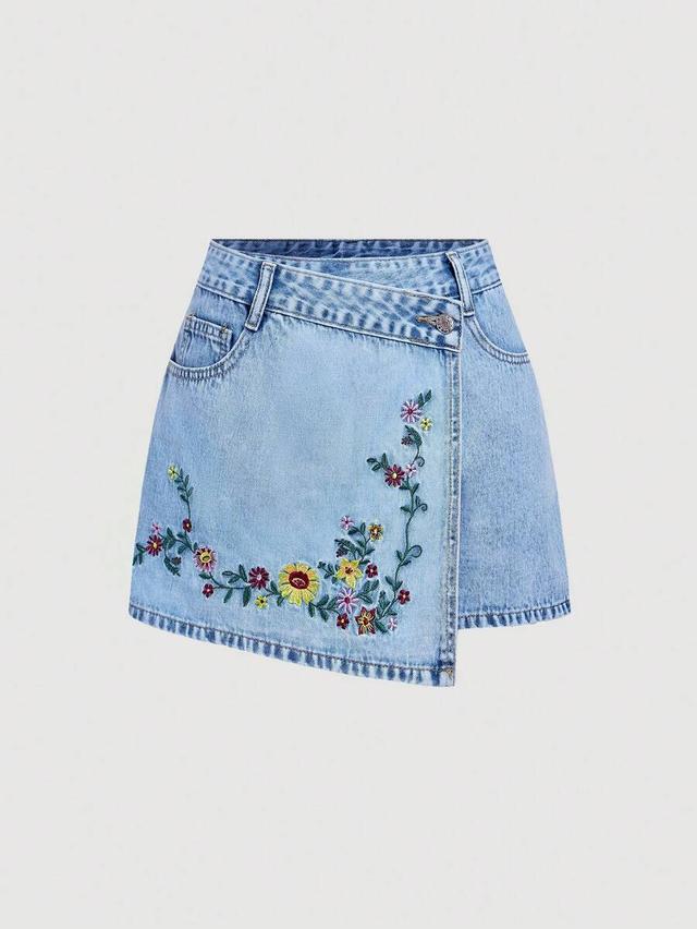 floral embroidery asymmetric light wash denim skort