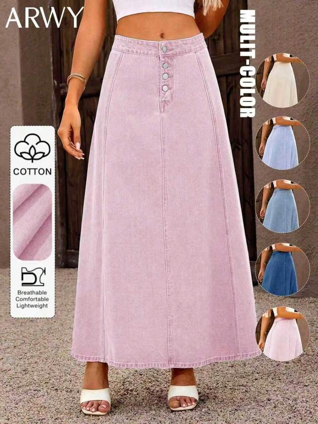 dark blue casual a-line flare long denim skirt with front buttons
