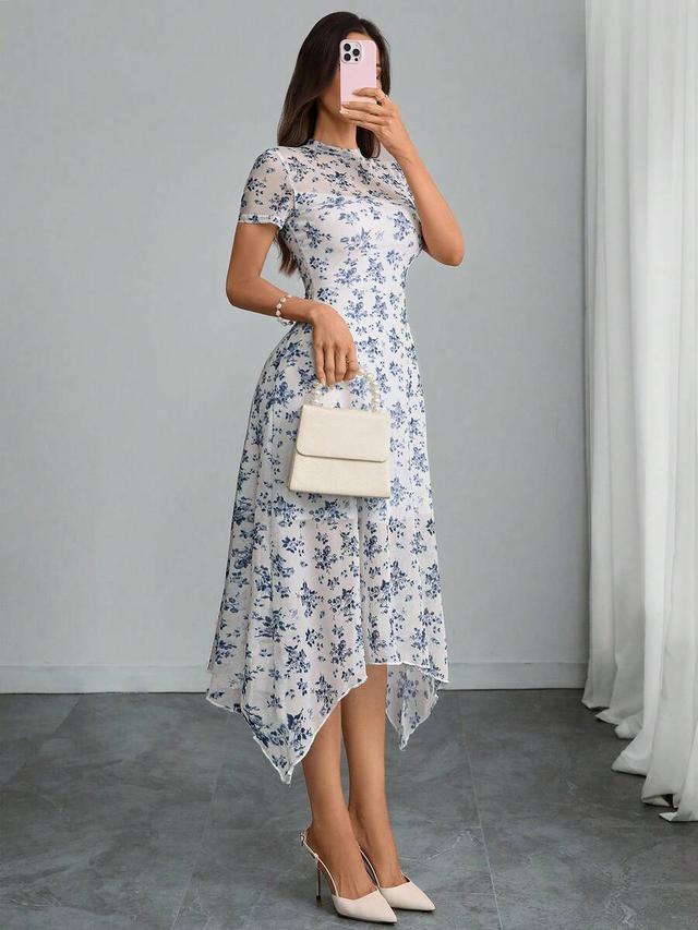women's retro dark rose print mesh asymmetric dress