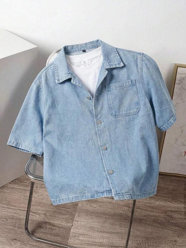 light wash denim short sleeve button down shirt