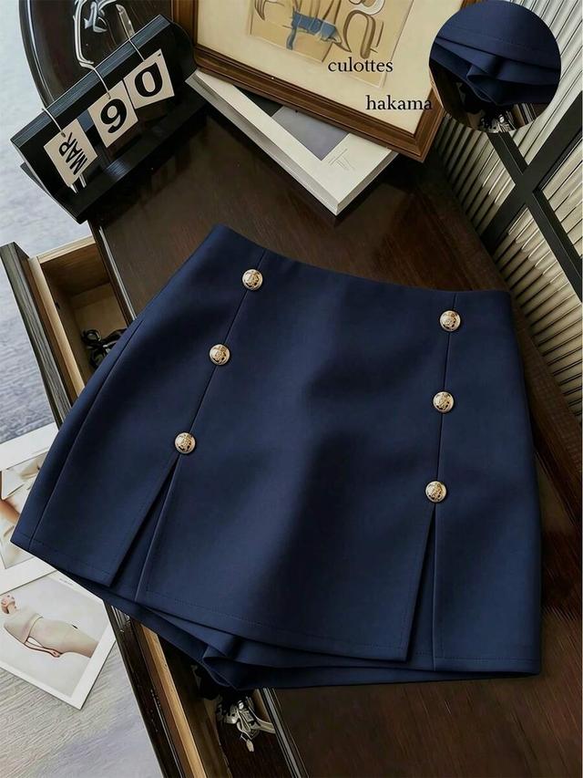 navy blue metal button design split hem skort
