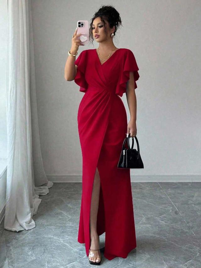 red ruffle sleeve v-neck waist fitted mermaid dress
