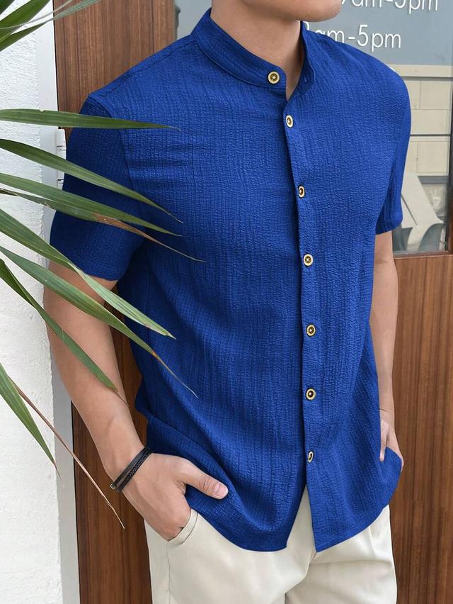 blue textured faux linen mandarin collar button down shirt