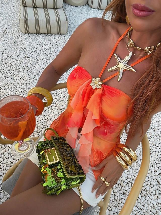 asymmetric hem orange printed halter camisole top