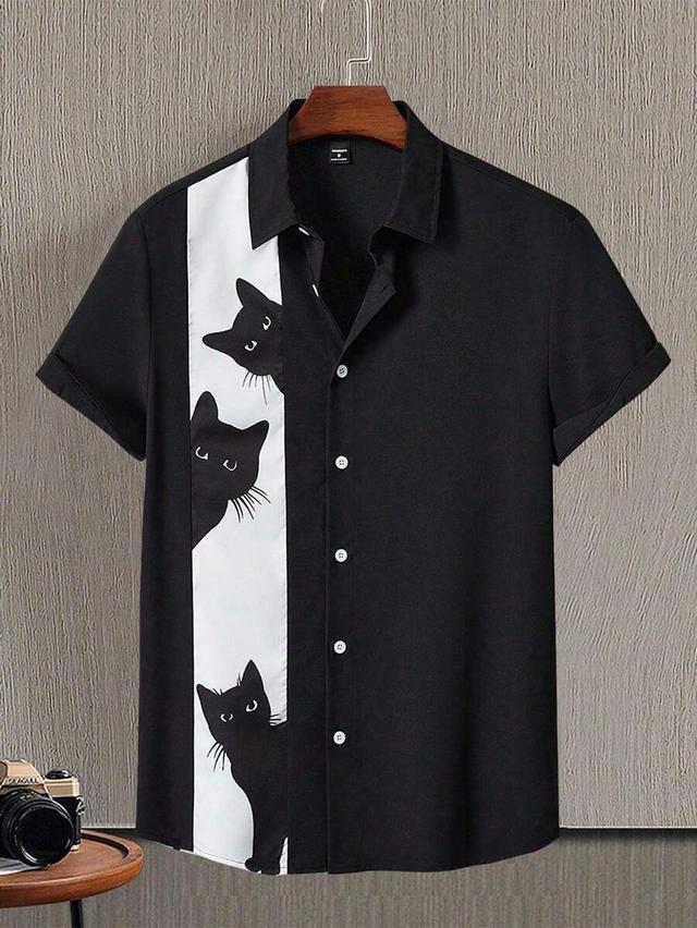 black short sleeve shirt with cat graphic panel