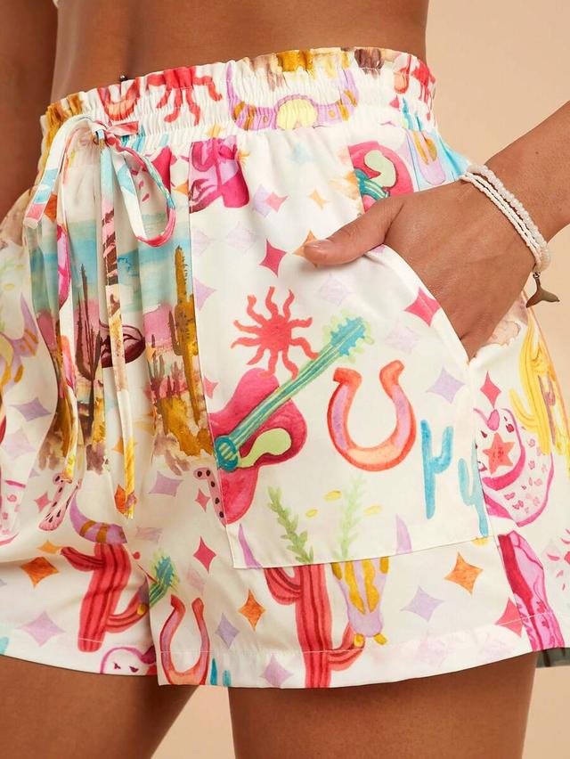 high waist western print woven beach shorts