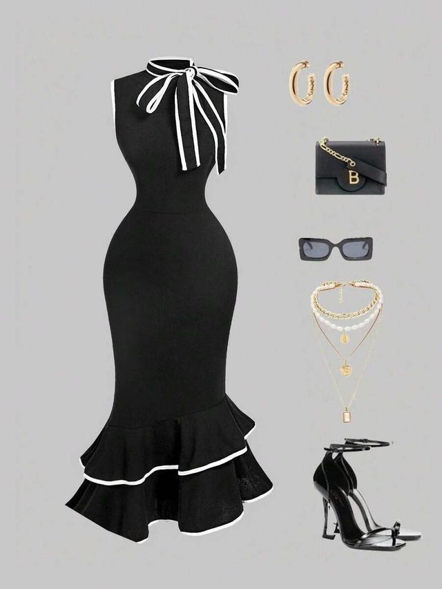 black sleeveless midi dress with white trim bow