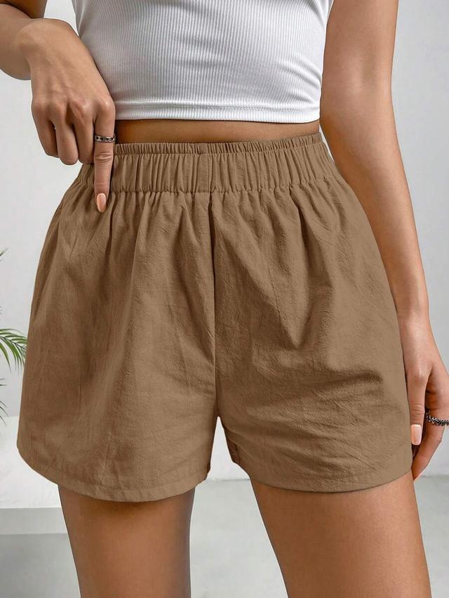 brown elastic waist simple summer shorts