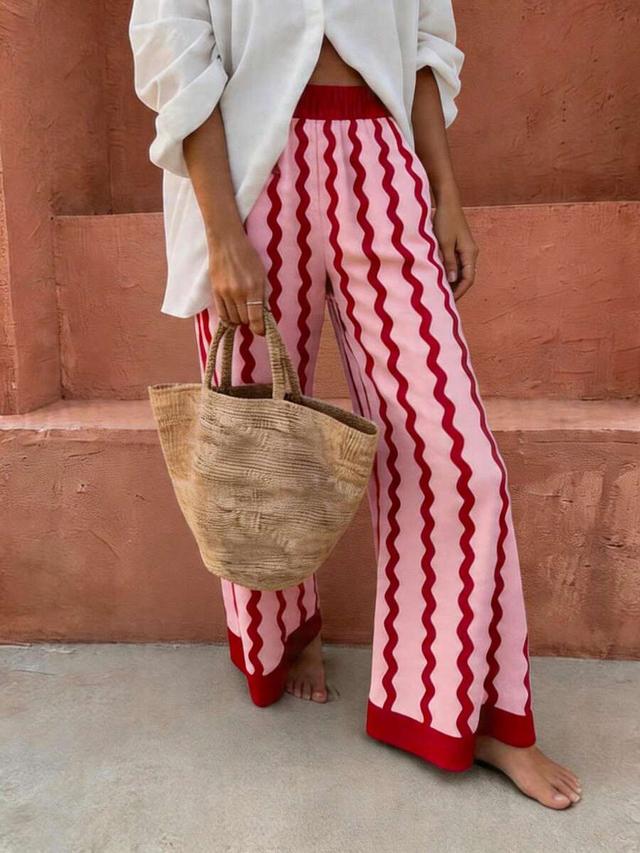 pink wavy stripe checkered bohemian holiday trousers