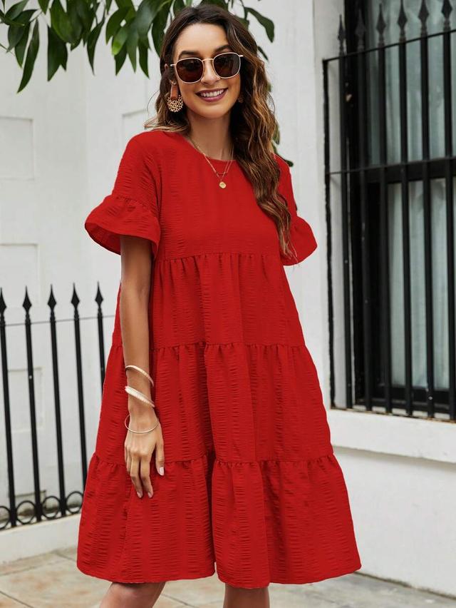 solid red flounce sleeve ruffle hem smock dress