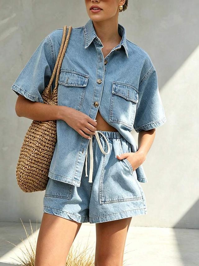 denim blue two piece oversized shirt and shorts set