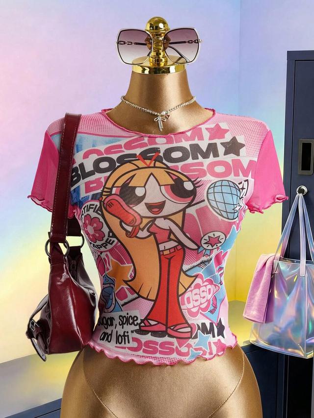 powerpuff girls graphic print mesh short sleeve top