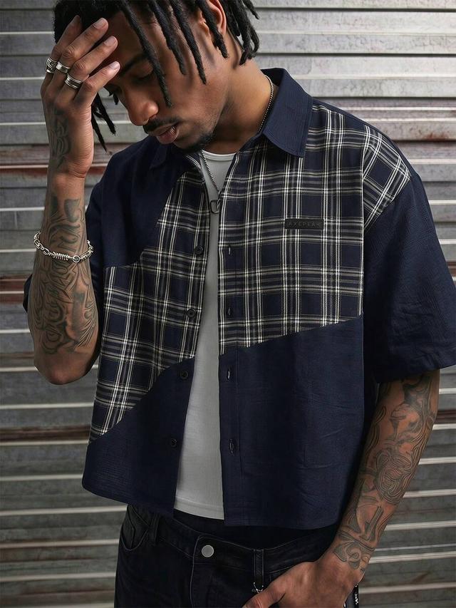 axepeak men's summer casual plaid patchwork shirt