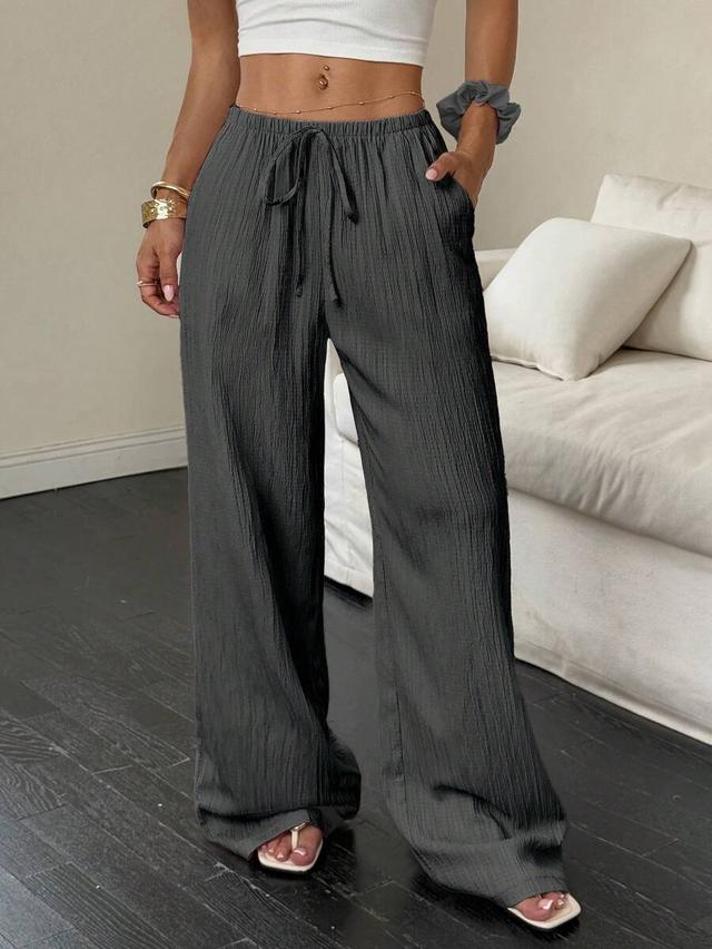 textured charcoal grey wide leg drawstring trousers