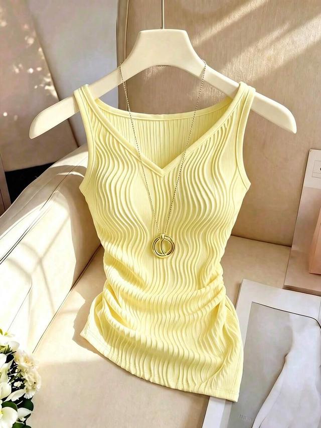 yellow textured v-neck sleeveless summer tank top