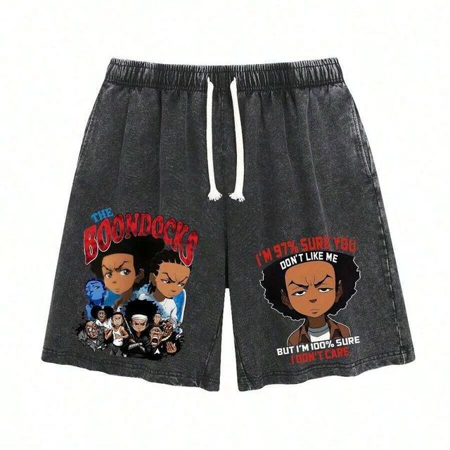 washed black boondocks anime graphic print acid wash casual shorts