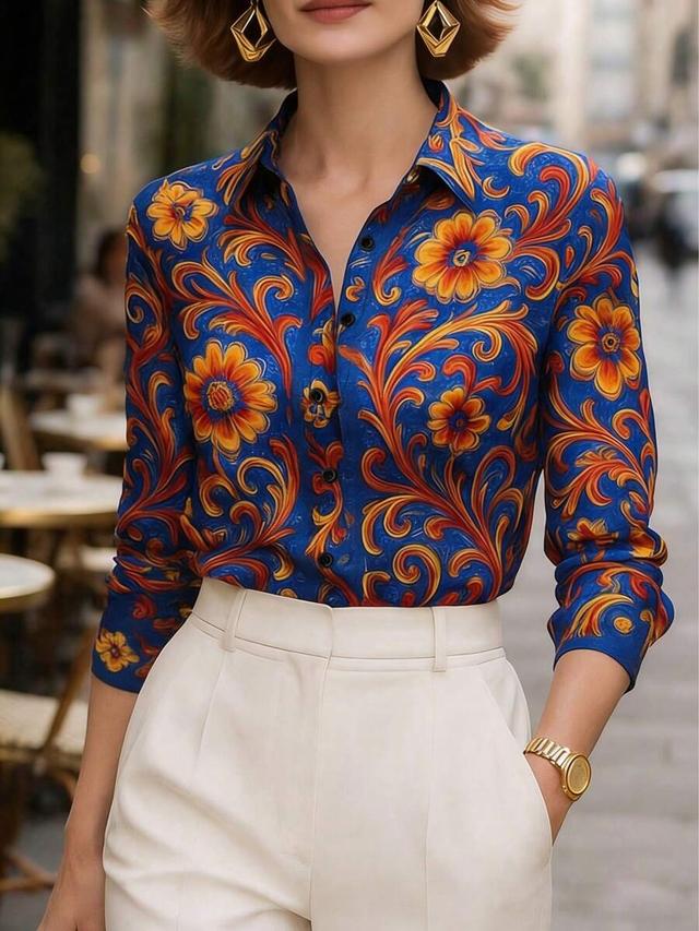 vibrant blue floral print long sleeve button-up shirt