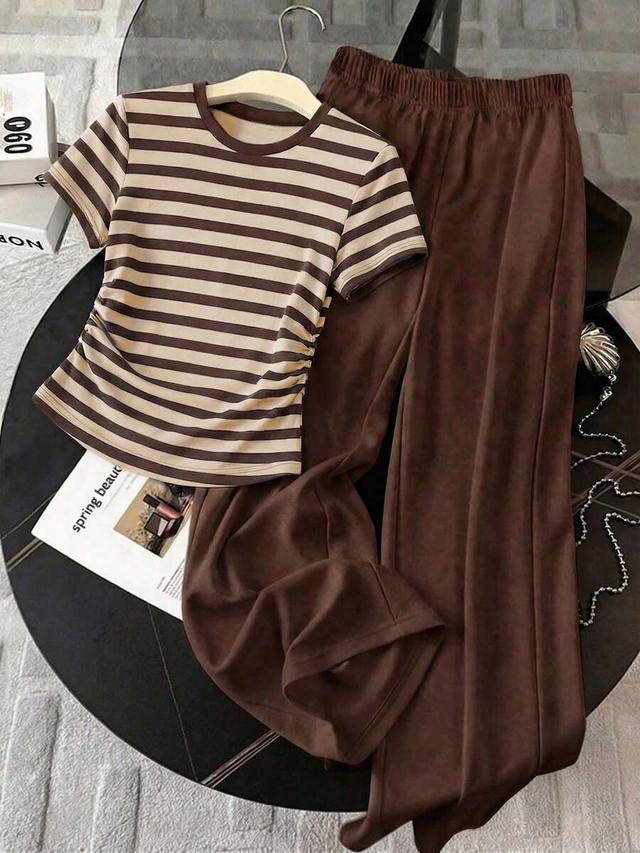 vintage casual striped round neck ruched hem top