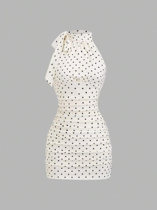 white polka dot bow tie collar ruched mini dress