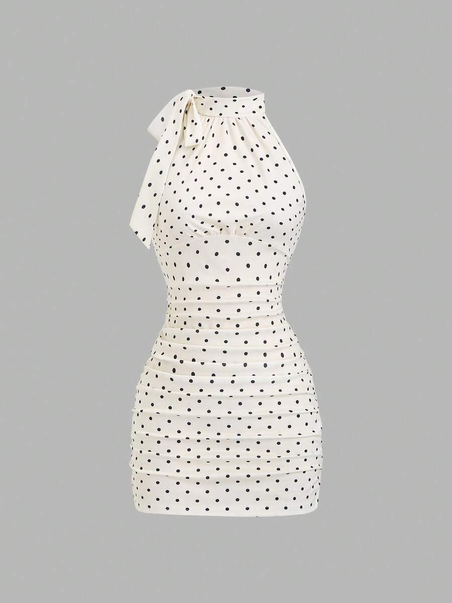 white polka dot bow tie collar ruched mini dress