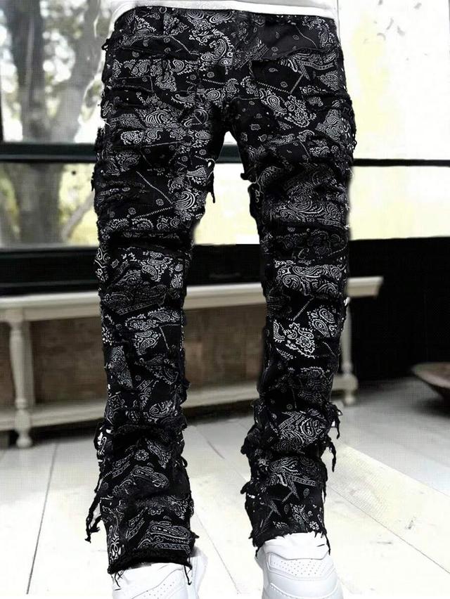 men's fashionable paisley print frayed hem slim fit jeans