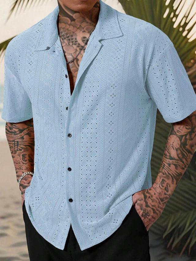 light blue geometric crochet textured short sleeve shirt