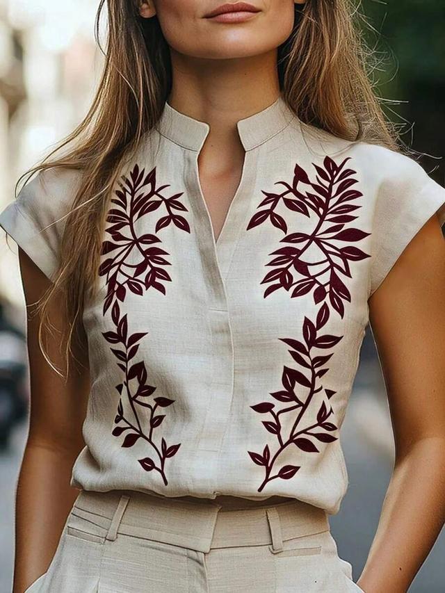beige linen notch v-neck blouse with floral embroidery