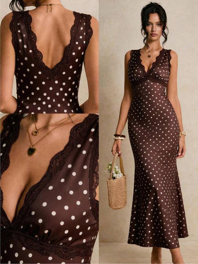 brown polka dot satin dress with lace trim