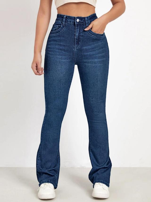 dark wash high waisted flared denim jeans