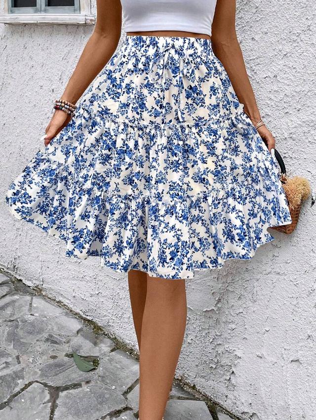 blue and white ditsy floral tiered ruffle skirt