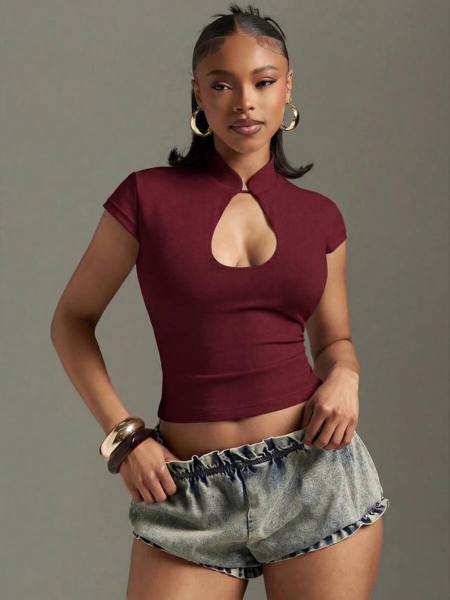 burgundy high neck front cut out bodycon top