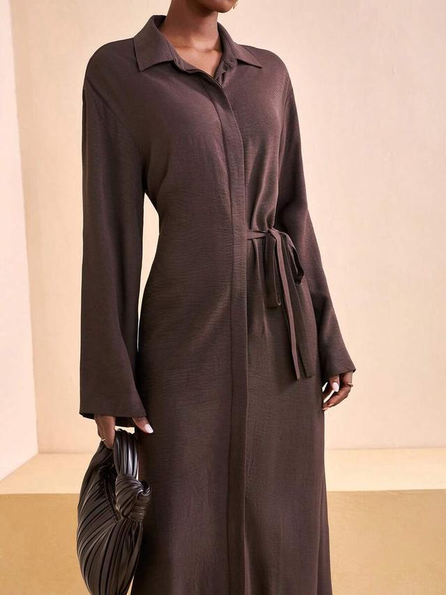 dark brown wrap collar tie waist shirt dress
