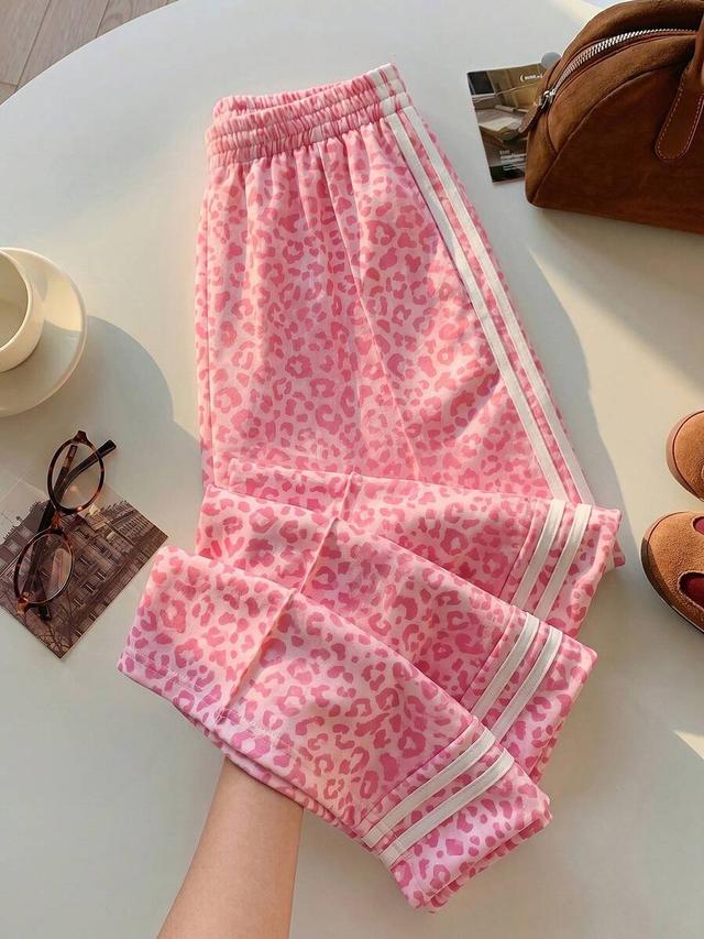 pink leopard print wide leg sporty sweatpants