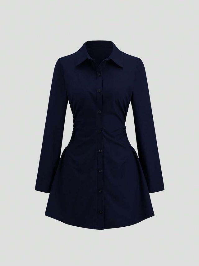 sweetra solid color ruched fitted navy shirtdress