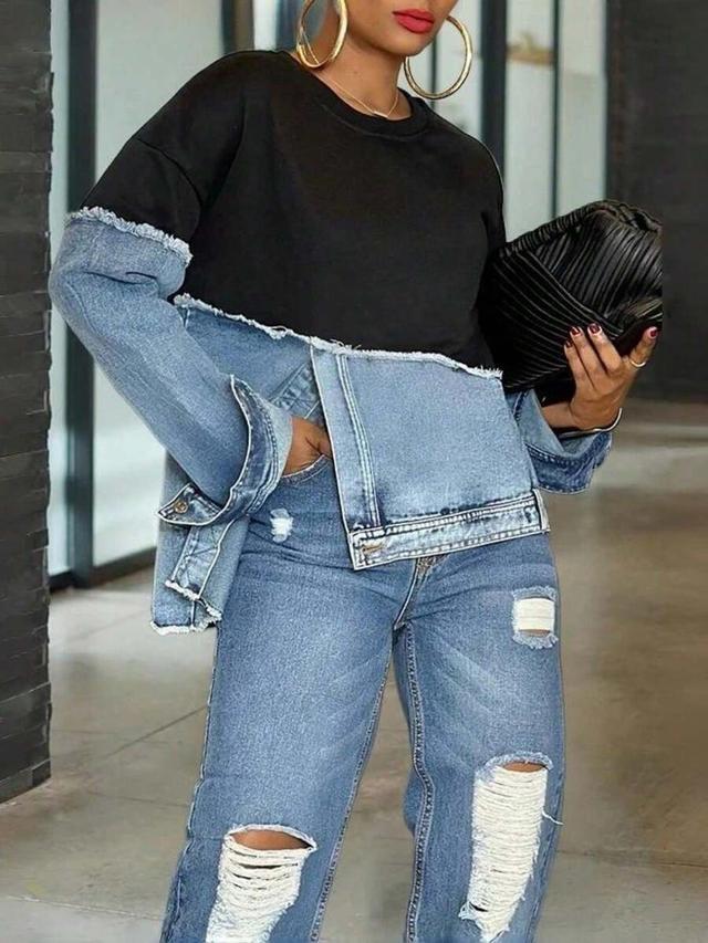 black denim patchwork crewneck long sleeve sweatshirt