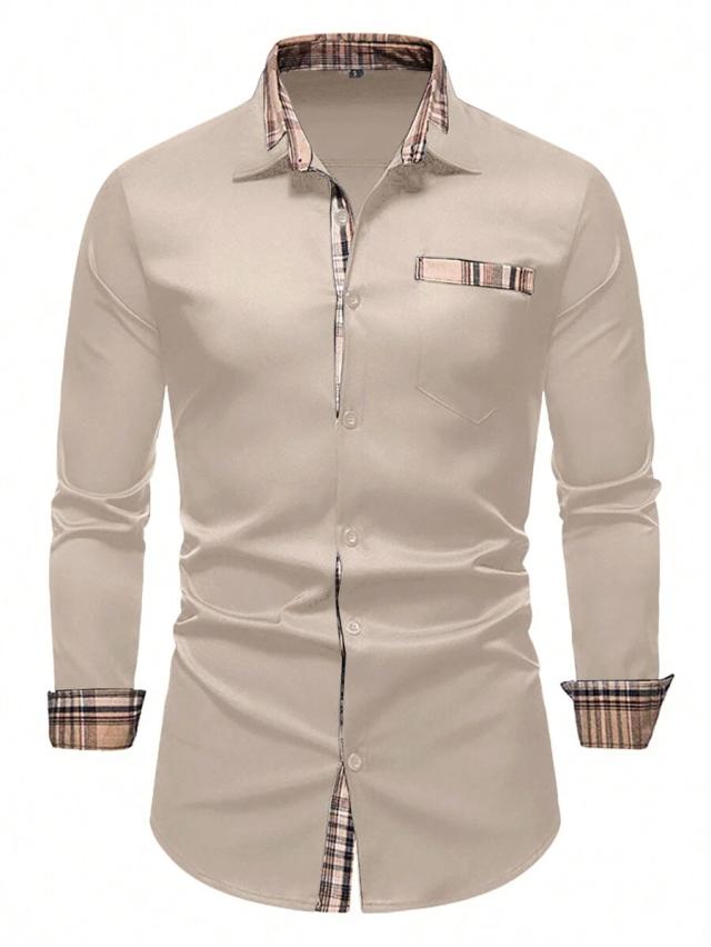 beige plaid patchwork button-up long sleeve shirt
