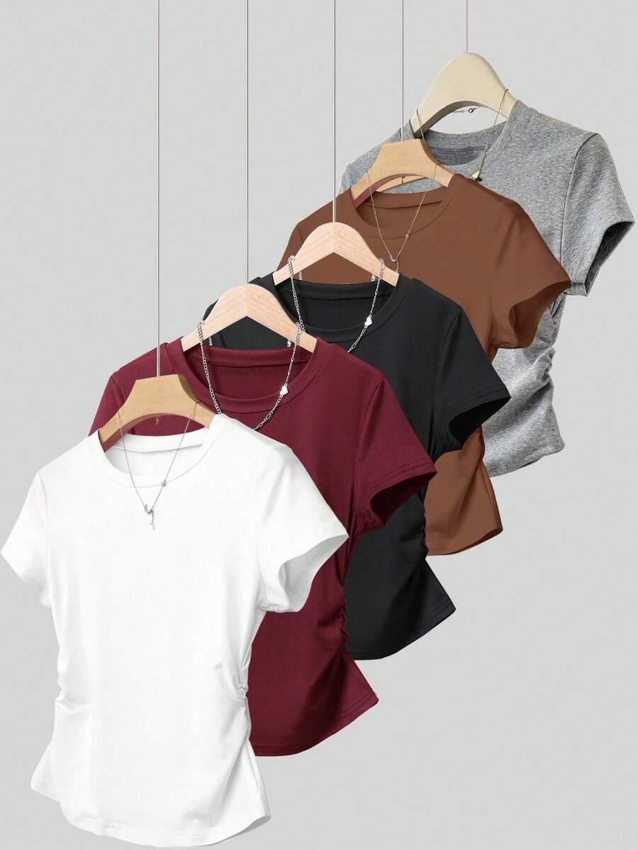 pink casual waist ruched short sleeve t-shirt