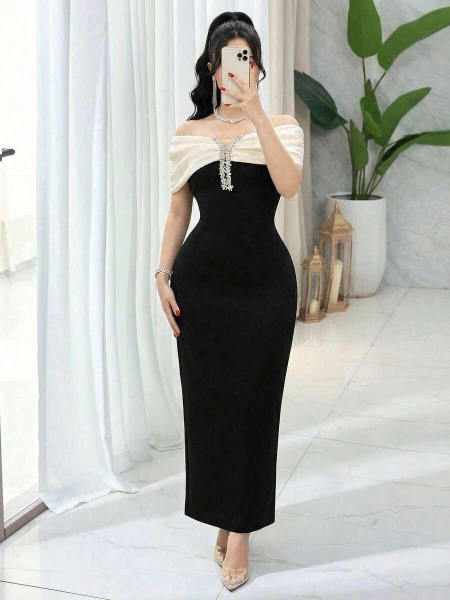 feyla elegant color block off shoulder rhinestone dress