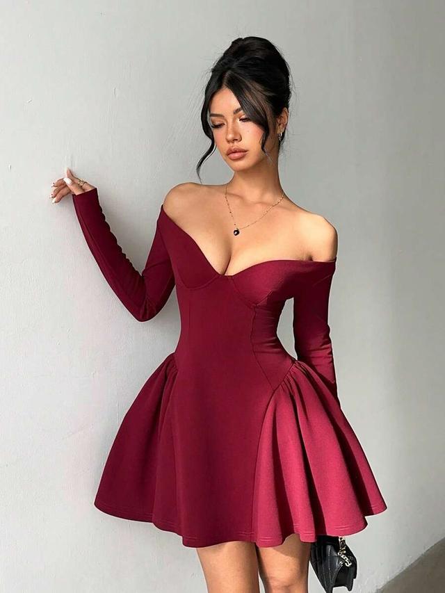 burgundy off-shoulder long sleeve mini dress