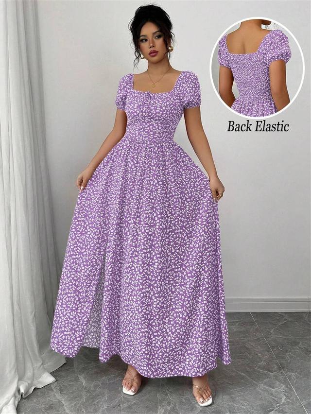 purple floral ditsy print shirred puff sleeve maxi dress